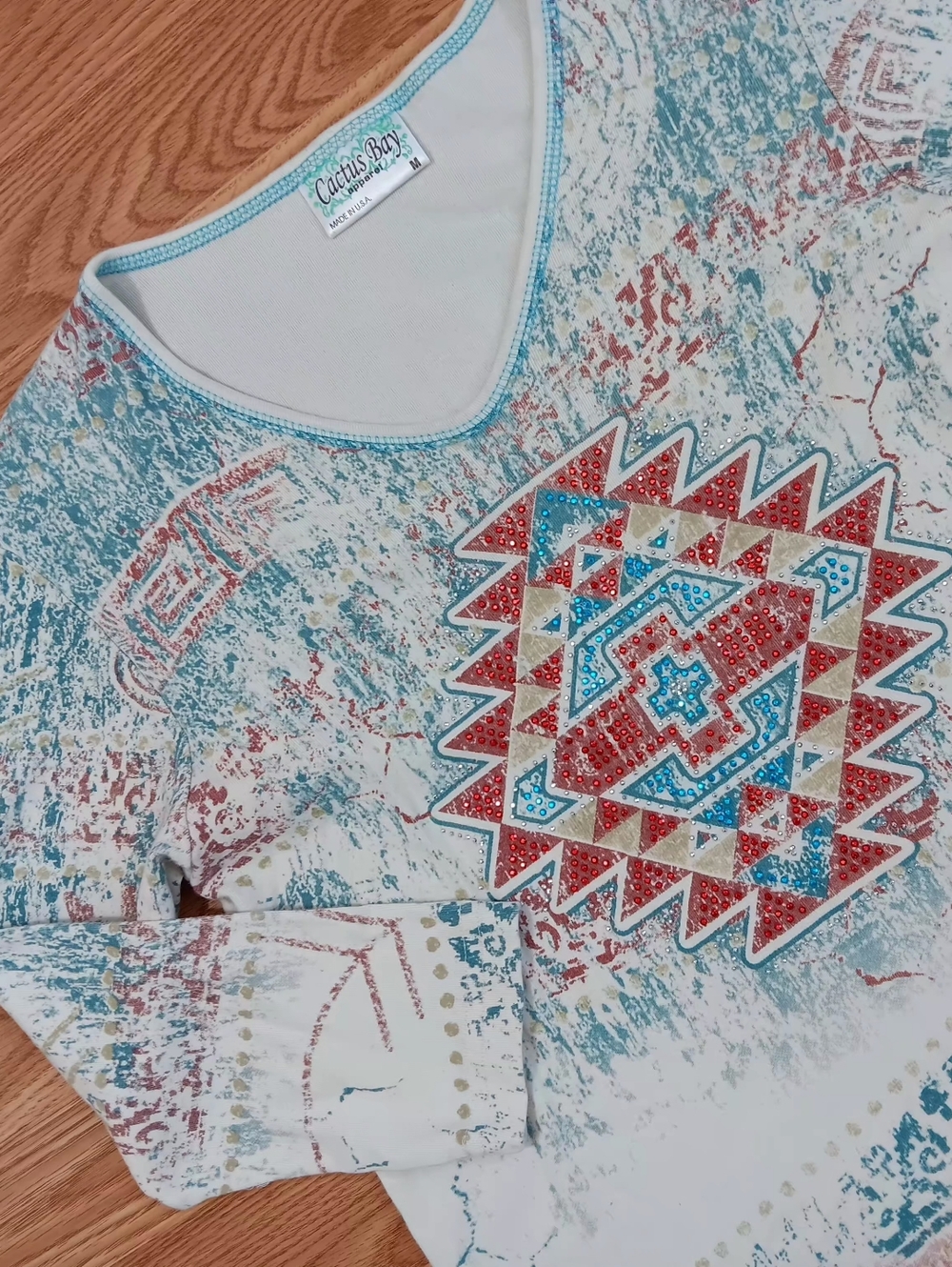 VTG Cactus Bay Rhinestone Southwesthern Aztec Women's M USA 3/4 Sleeve Colorful